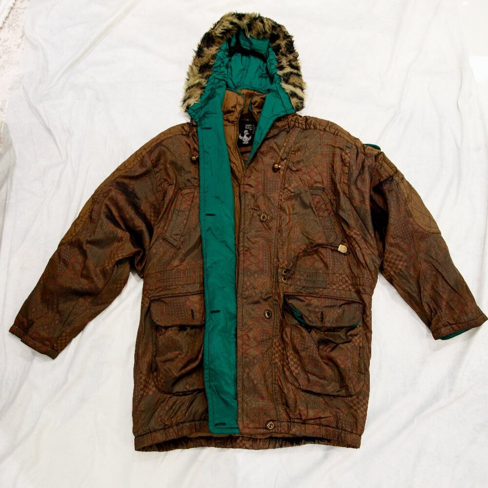 Vintage Down Feather Coat Army Green Khaki Brown Faux Fur Leopard Hood Large 42